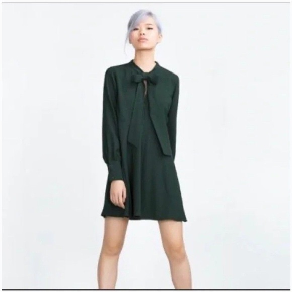 Zara dark green lapel collar midi long sleeve dress with tie - Picture 3 of 4